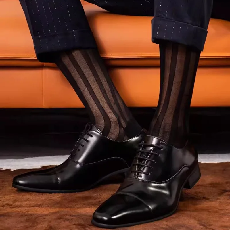 Business Men's Formal  Summer Nylon Europe and The United States Thick Stripes in The Long Solid Color Business Stockings Sexy