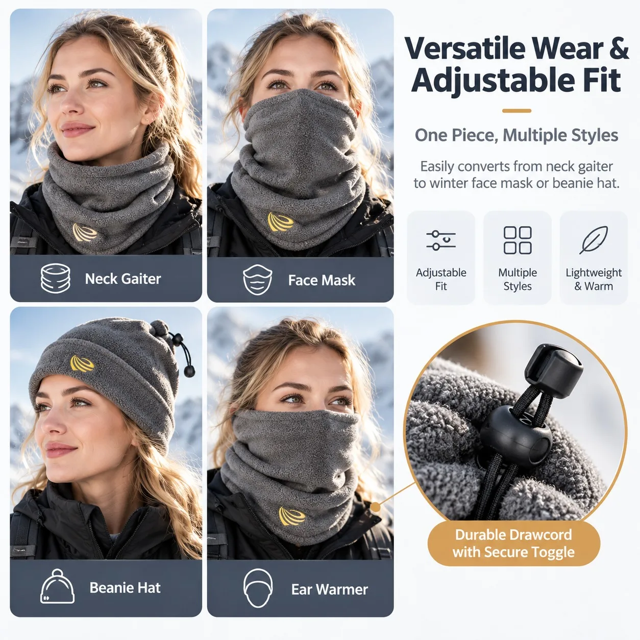 Winter Fleece Neck Warmer Adjustable Drawstring Neck Gaiter, Windproof Thermal Face Mask for Ski Cycling Hiking Outdoor Sports