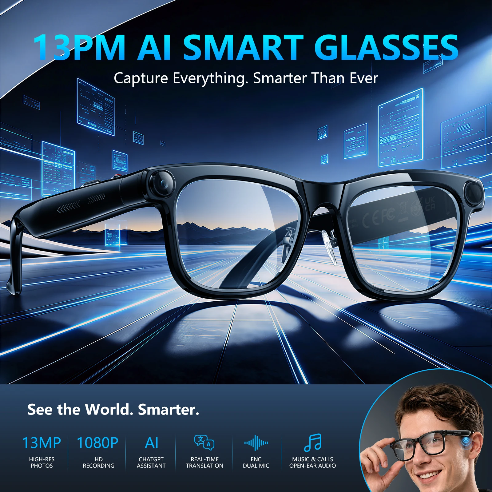 KAIGERR Smart AI Glasses 1300W Camera Glasses 100+ Language Translation Glasses Photo Video Recording Bluetooth Call Smart Sunglasses for Men Women Color-Changing Eyeglasses Fishing Outdoors Fahsion Sunglasses