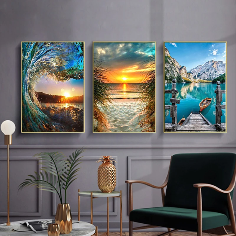 5D DIY Diamond Painting Landscape Coast Beach Sunset Rhinestone Picture Full Round Diamond Embroidery Mosaic Decoration Gift