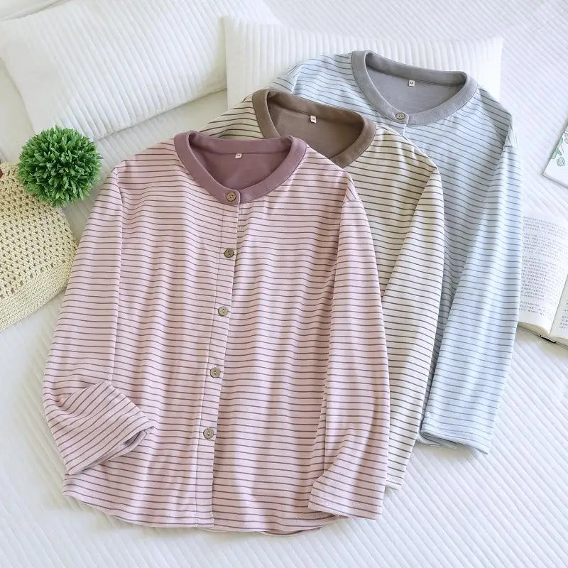 Autumn Winter New Women's Pajamas Korean Striped Simple Youth Casual Loose Home Clothes Student School Uniform Tops Comfortable