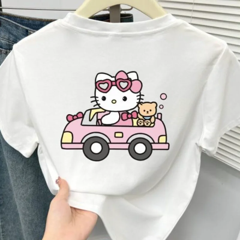 

Sanrio Hello Kitty Short Sleeve T Shirt Cartoon Women Summer Casual Slim Fit Short Tops Car Print Overstock Surplus Style Tee