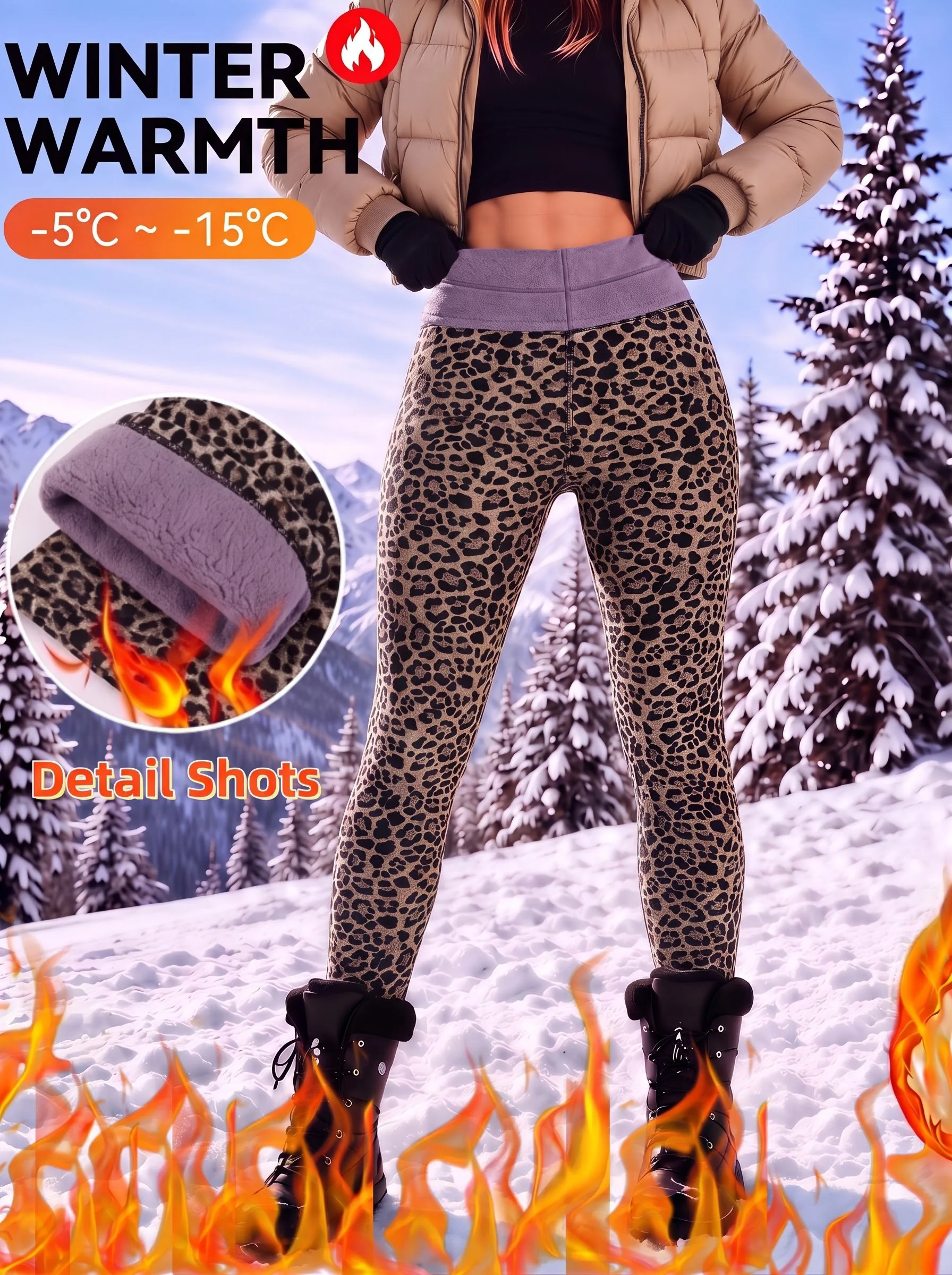 Damen-Leggings mit Leopardenmuster, hoher Taille, mit Fleece gefüttert, dick, warm, kältebeständig, Thermohose zum Skifahren, für Outdoor-Aktivitäten im Winter und den täglichen Gebrauch. – Detail 1