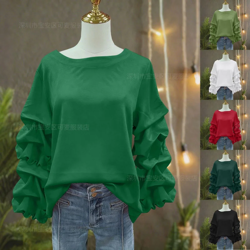 

European And American Spring Autumn New Style Solid Color Crew Neck Hoodie Long Sleeve Ruffled Fashion Design Sense Pullover Top