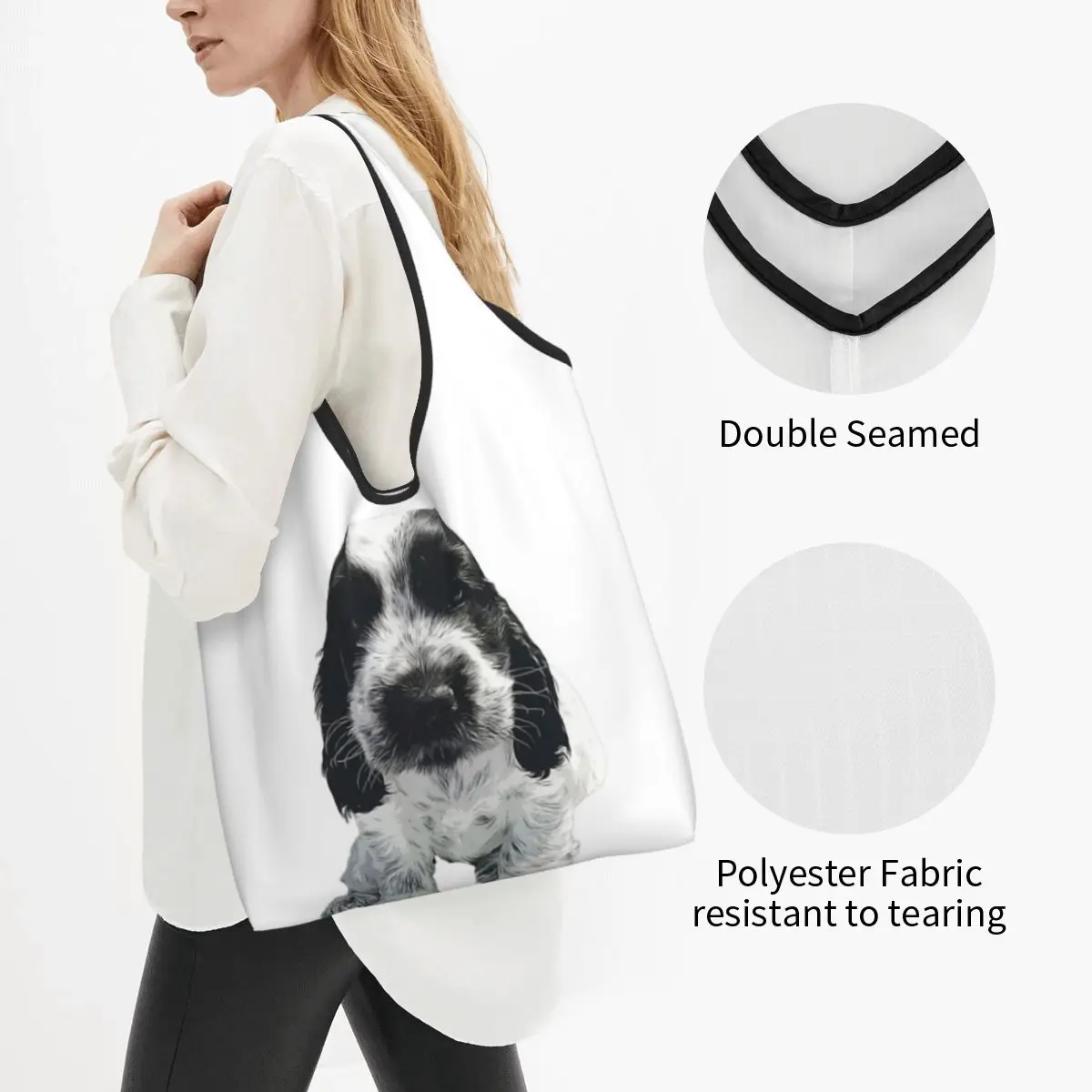 English Cocker Spaniel Blue Roan Puppy Dog Portable Tote Shopping Bags Large Capacity Shopper Bag Grocery Handbag Shoulder Bag