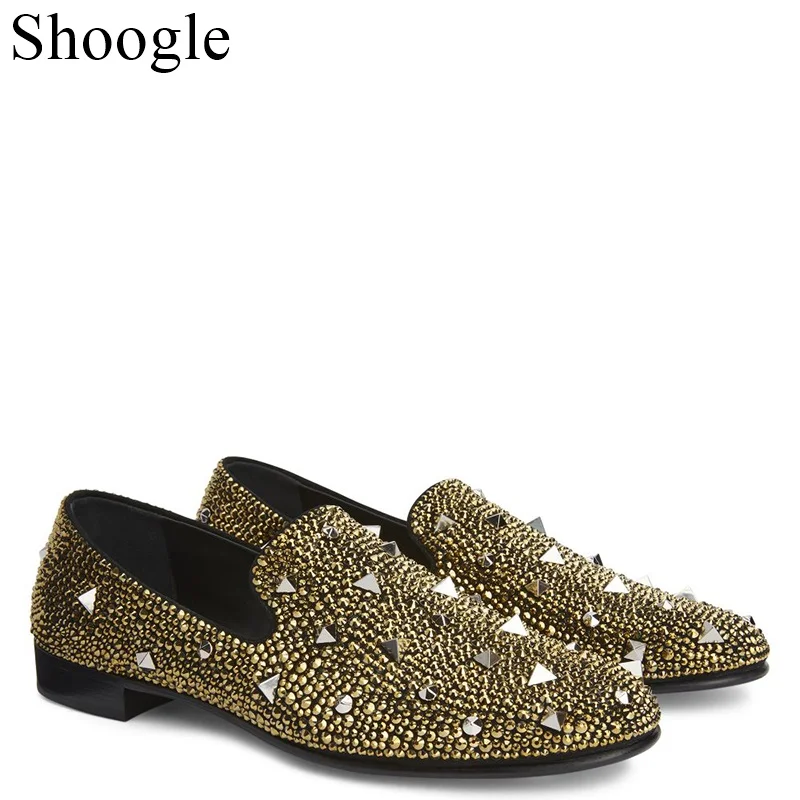 Handmade Men Shoes Golden Diamond  Mens Studs Spike Shoes Sliver Gold Glitter Loafers Shoes Runway Shining Rivets Dress Shoes