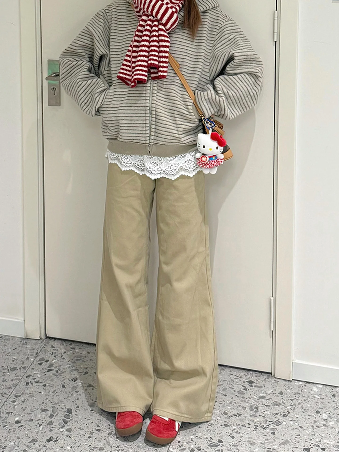 Retro American Fce Lined Khaki Loose Women's Jeans Autumn Winter plus Size Slimming Wide Leg Pants High Waist Zipper Closure