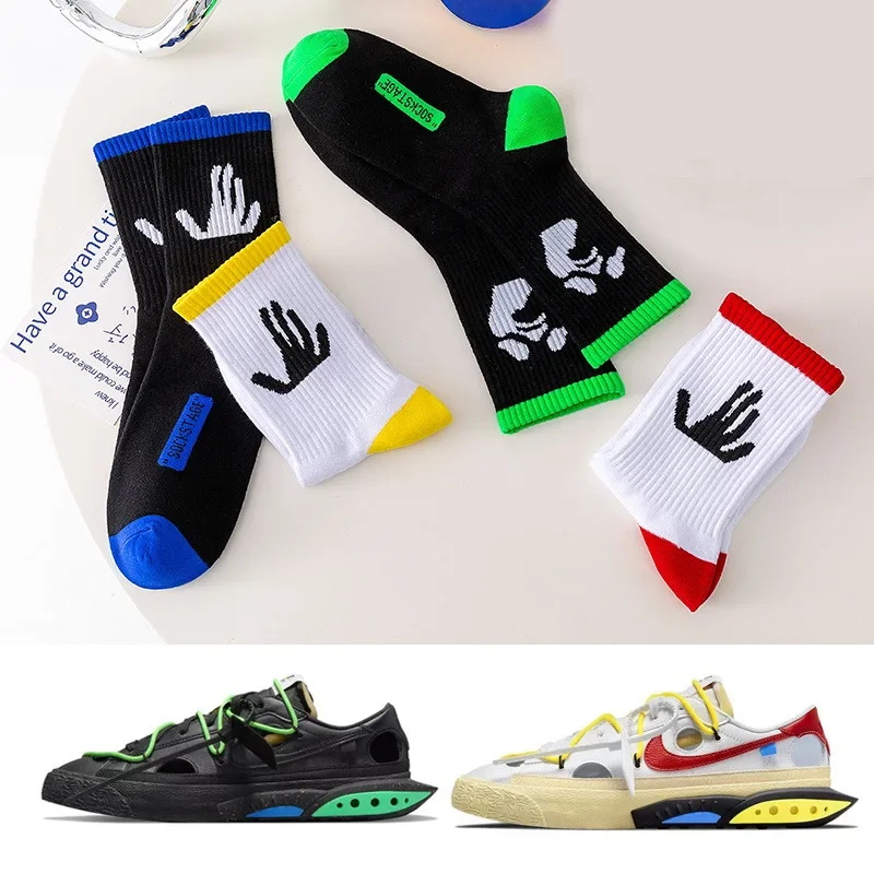 3 Pairs/box Socks Men's New Fashion Signed Jointly Skateboard Sports White /Black Trend Hip Hop OW Lovers Cotton Socks