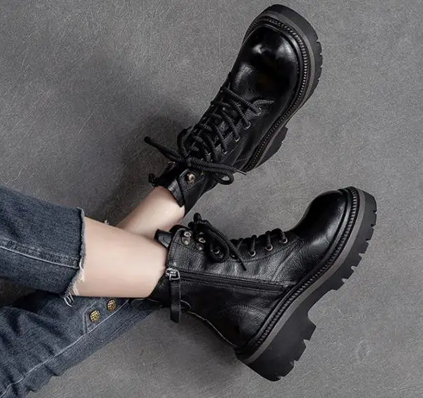 6CM Handmade Women Genuine Leather Boots Autumn Winter Round Toe Thick Heel Chunky Platform Retro Style Warm Mid Calf Boots image 5