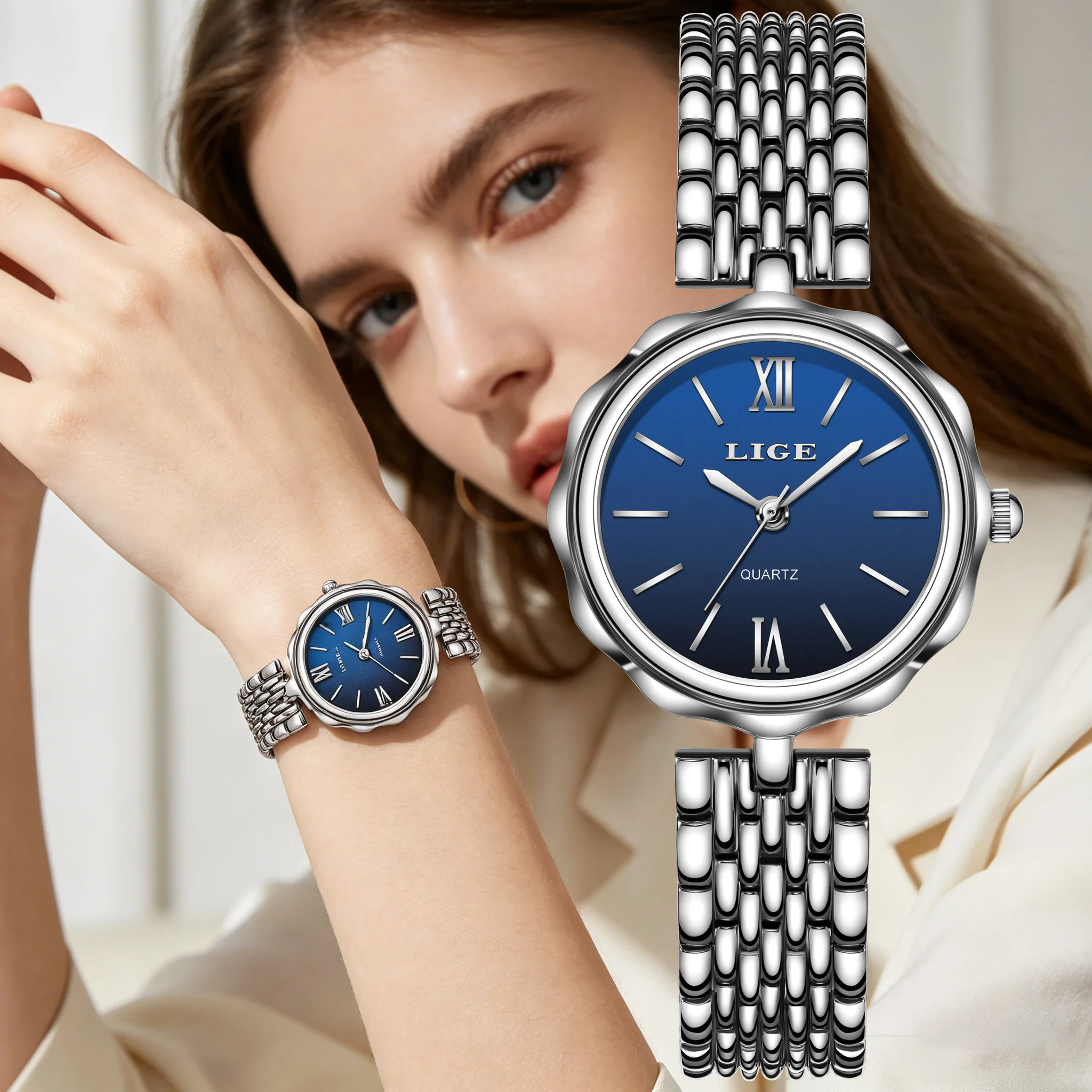 

LIGE Fashion Quartz Women Watch Simple Elegant Square Dial Gold Stainless Steel Strap Waterproof Leisure Business Watches+Box