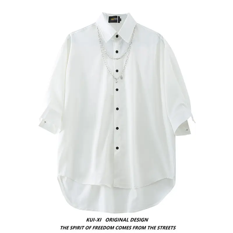 

Fashion Shirt Loose Solid Color Button Versatile Casual Centre Sleeve Cardigan for Men