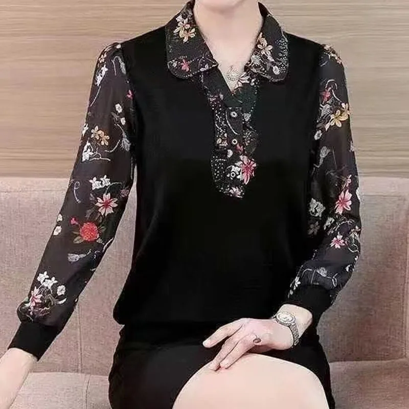 Fashion Vintage Floral Spliced Turn-down Collar Tops Women\'s Clothing Pullovers Spring Autumn Korean Long Sleeve Printed T-shirt