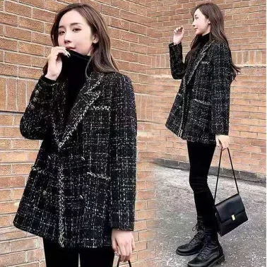 

2024 Autumn/Winter New Women's Loose Plaid Wool Coat Small Fragrant Tweed Girl Patchwork Small Suit