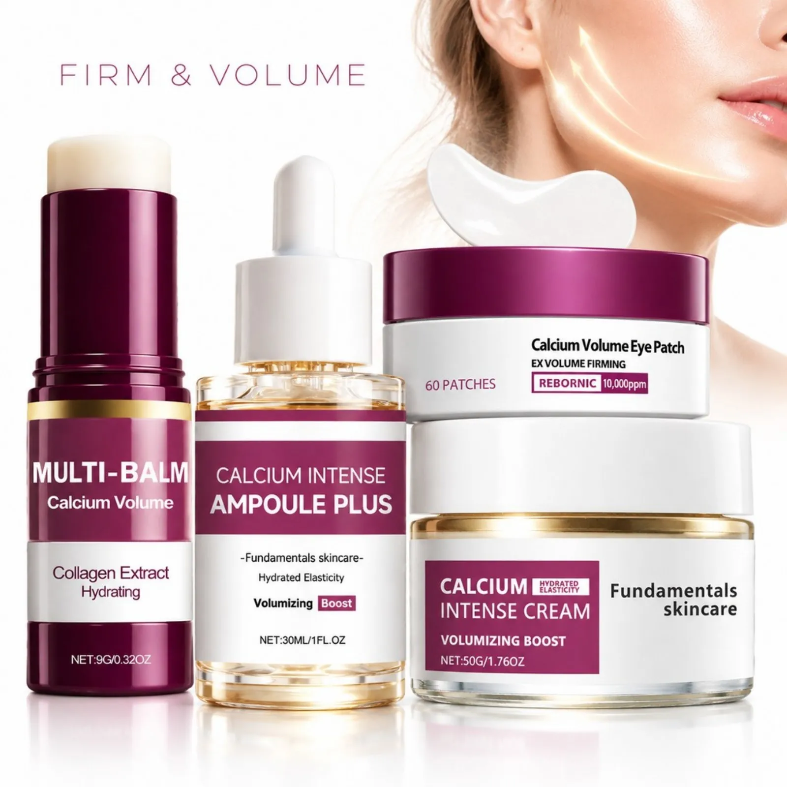 Calcium Skincare Set-Multi Balm Stick+Eye Patches+Cream+Serum Hydrating Anti Aging Reduce Fine Lines Brightening Daily Skin Care