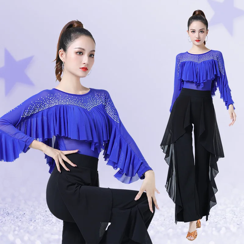 Ruffle Ballroom Latin Dance Top Dames Strass Bezaaid Standaard Nationale Moderne Dans Training Prestaties Sexy Danskleding