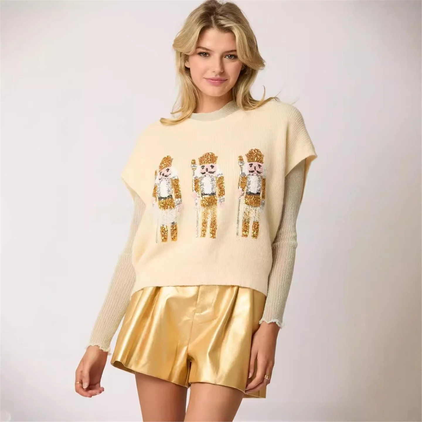 Kamizelka swetrowa z cekinami, dzianinowa, okrągły dekolt, damska, jesień-zima, nowa moda, bez marki, wyprodukowana w Chinach, online E...