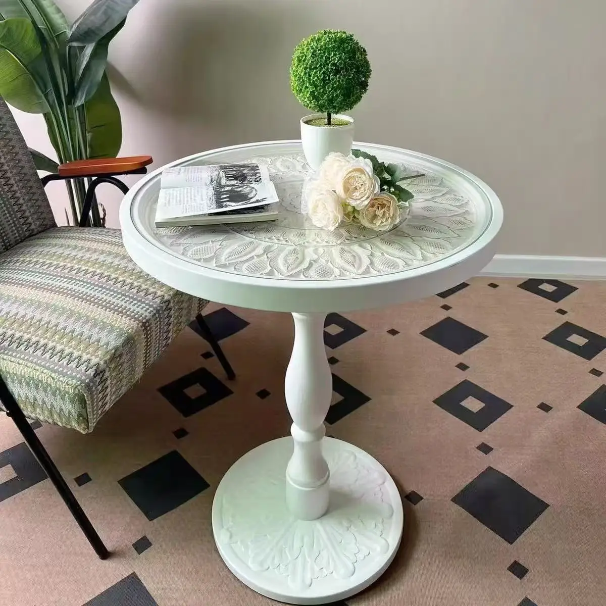 #French Vintage Wood Side Table, Round Carved Accent Table for Living Room