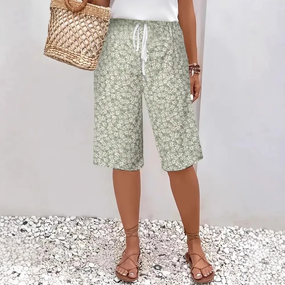 

Vintage Floral Print Women's Bohemian Shorts Casual Cropped Work Pants Outdoor Gardening Elastic Waist Stretch Capri Trousers