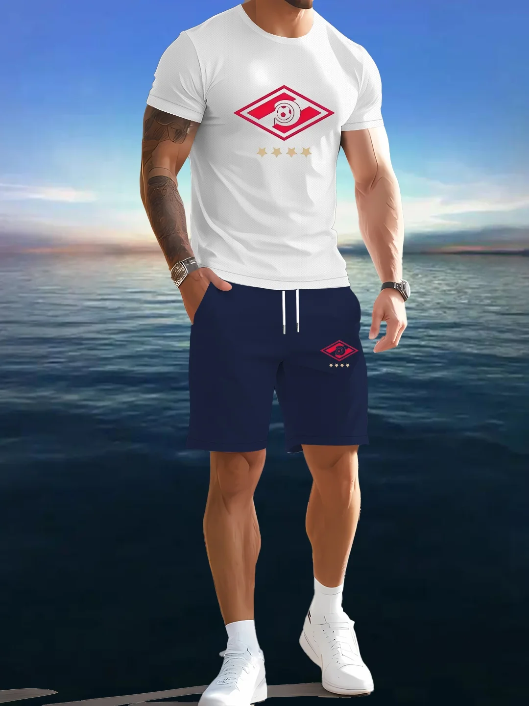 

Мужской комплект из 2 предметов с рисунком, футболка с короткими рукавами и шорты с круглым вырезом, летний комплект