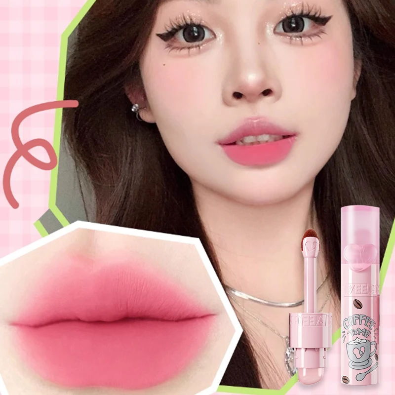 Mist Lasting Lip Mud Lipstick with Brush Natural Peach Pink Nude Lip Glaze Non-stick Cup Waterproof Lip Gloss Cosmetics Makeup