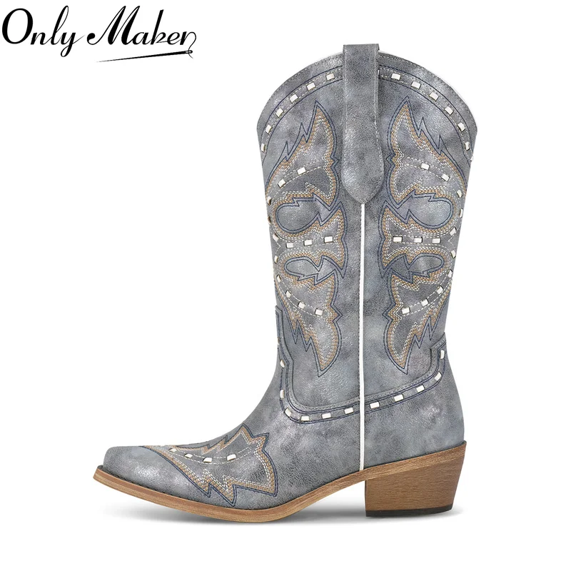 

Onlymaker Womens Pointed Toe Embroidered Pull On Casual Boots Mid Calf Low Heel Cute Western boots