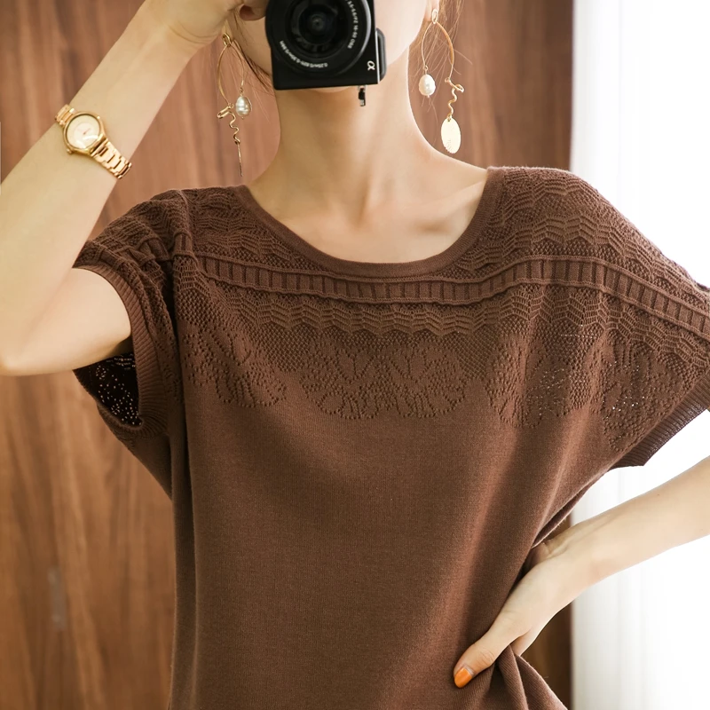 Maglietta allentata lavorata a maglia del o-collo delle signore della maglia del pullover di estate a maniche corte del puro cotone 100% m trasporto