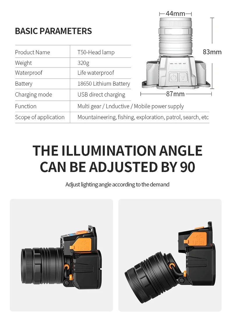 Faro deslumbrante de inducción para exteriores, lámpara de minero, carga USB, linterna inteligente montada en la cabeza de emergencia, Pesca