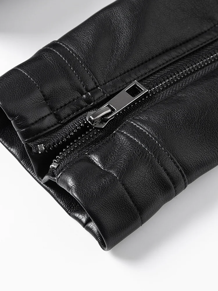 2025年春 レディース ショート丈 ファッション ブラック シープスキン レザー バイカー ジャケット ジッパー開閉 スリムフィット 通勤用 本革コート