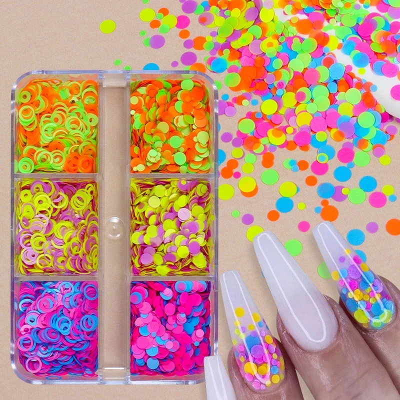 

Fluorescent Neon Mixed Round Nails Art Sequins Hollow Out Circle Paillettes Sticker DIY Nail Decoration Summer Manicure Material
