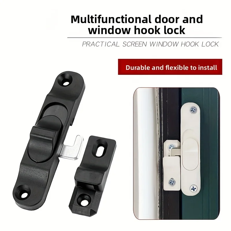 Black Heavy-Duty Folding Trackless Screen Door Lock - Heavy-Duty Anti-Mosquito Safety Hook Latch, Keyless Entry/Exit Lock