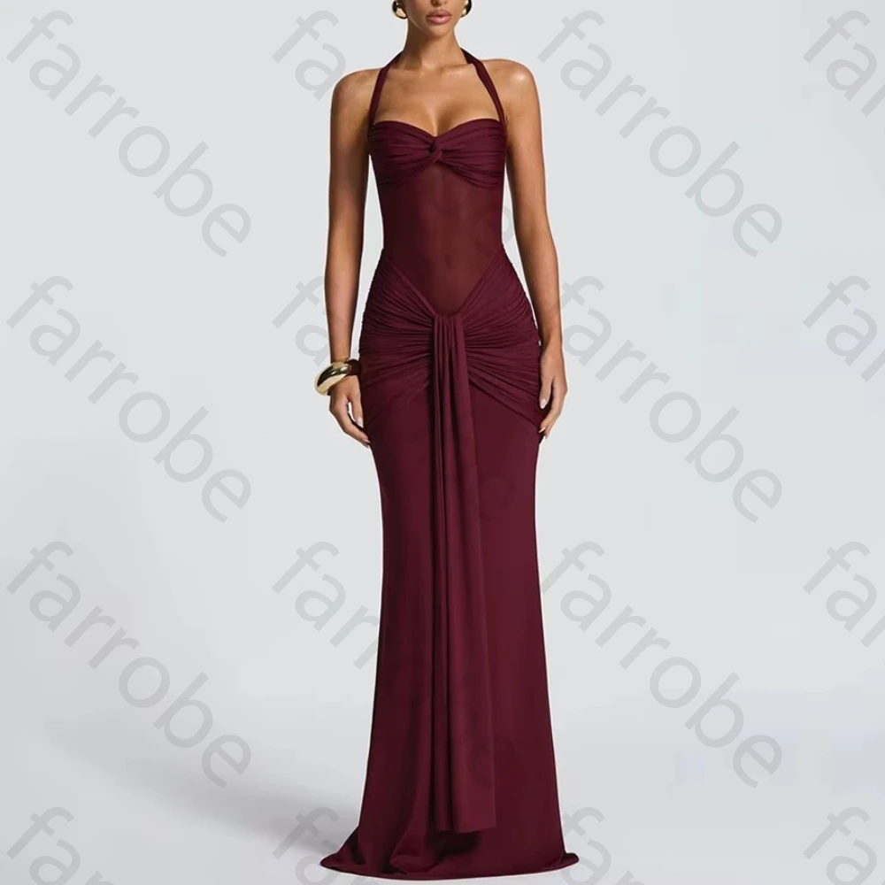 Abiti da sera eleganti senza maniche con cinturino per spaghetti Abito lungo con pieghe senza schienale Squisiti abiti da ballo di alta qualità personalizzati