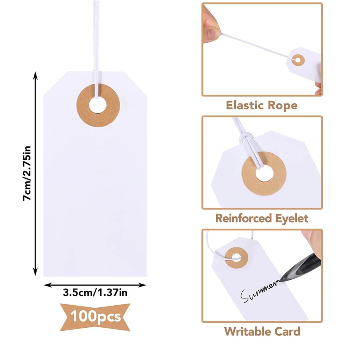 100 Pack Blank Tags with Elastic String Marking Hang Tags Attached Reinforced Hole Writable Blank Tags 2.75x1.37Inch TQ