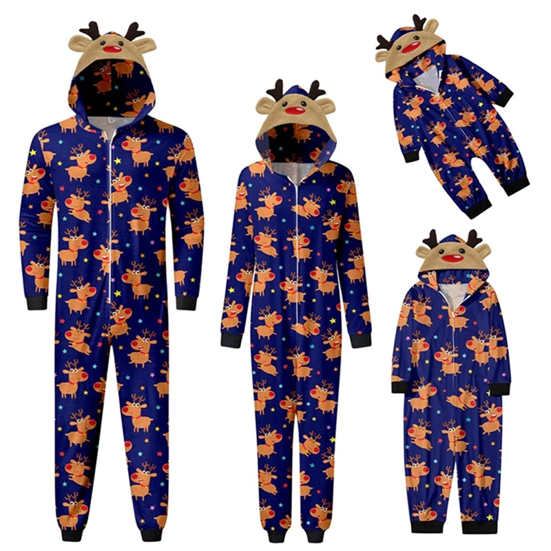 Combhasaki Familien-passender Weihnachts-Pyjama, Loungewear, langärmelig, 3D-Elchgeweih, Allover-Print, Kapuzen-Strampler, Overalls mit Reißverschluss