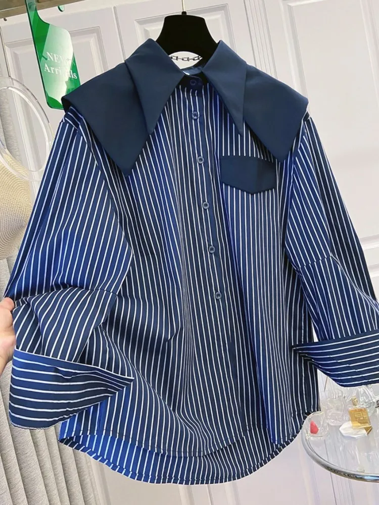 Outono inverno camisas femininas retalhos listrado senhora blusa gola de marinheiro casaul feminino topos roupas de manga longa