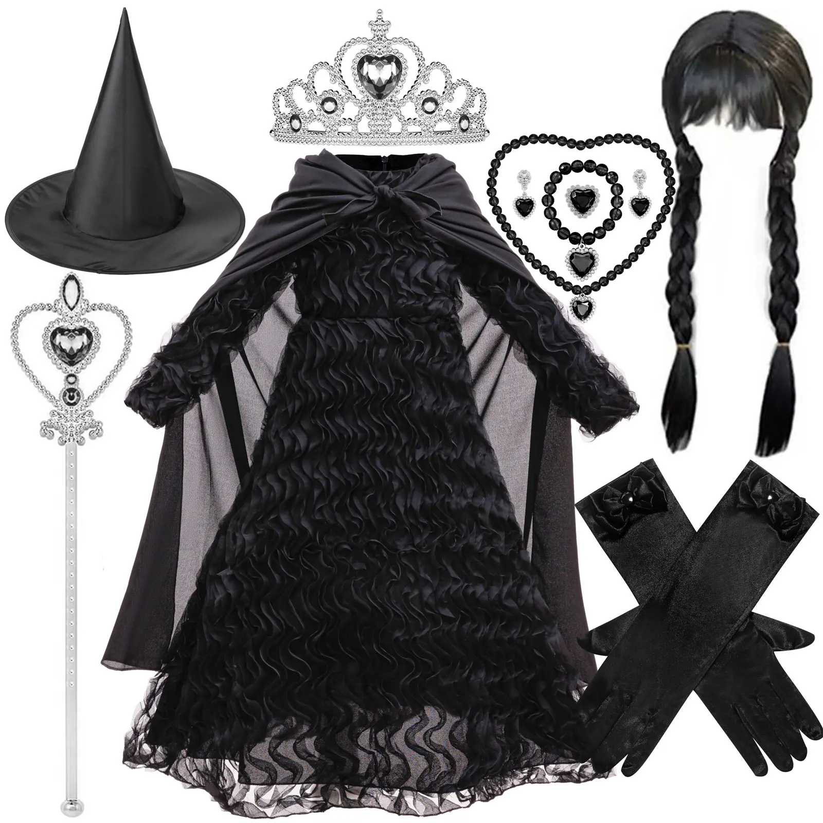 

Movie Character Black Wicked Witch Dress Girl Plays Witch Disney Princess Halloween Party Horror Cute Dress + Accessories Set