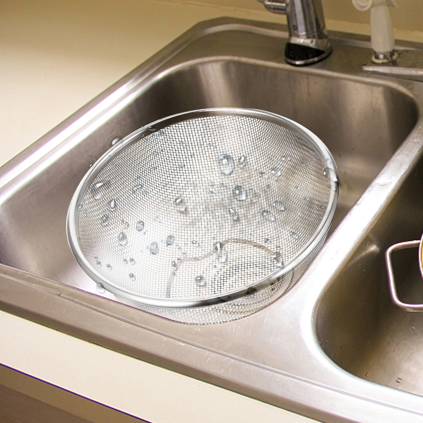 

Stainless Steel Fine Mesh Kitchen Fruit Vegetable Washing Basket Rice Strainer Smooth Non Deforming Colander