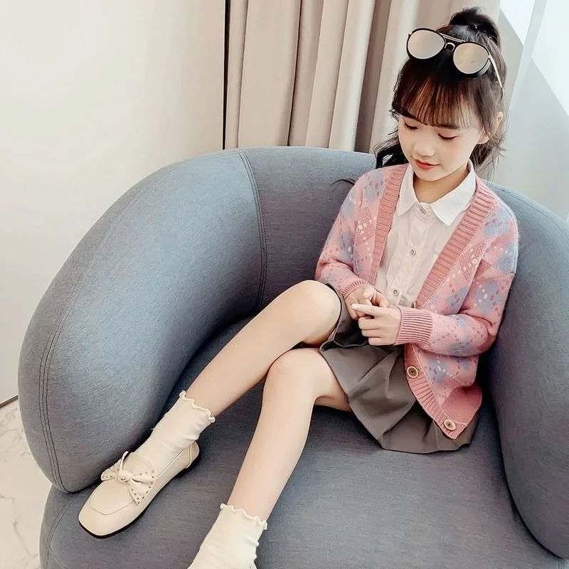 Autumn Winter Kids Baby Girls Full Sleeve Single-breated Top Outwear Toddler Children Knitting Clothes Flocking Sweater 2 10 12T