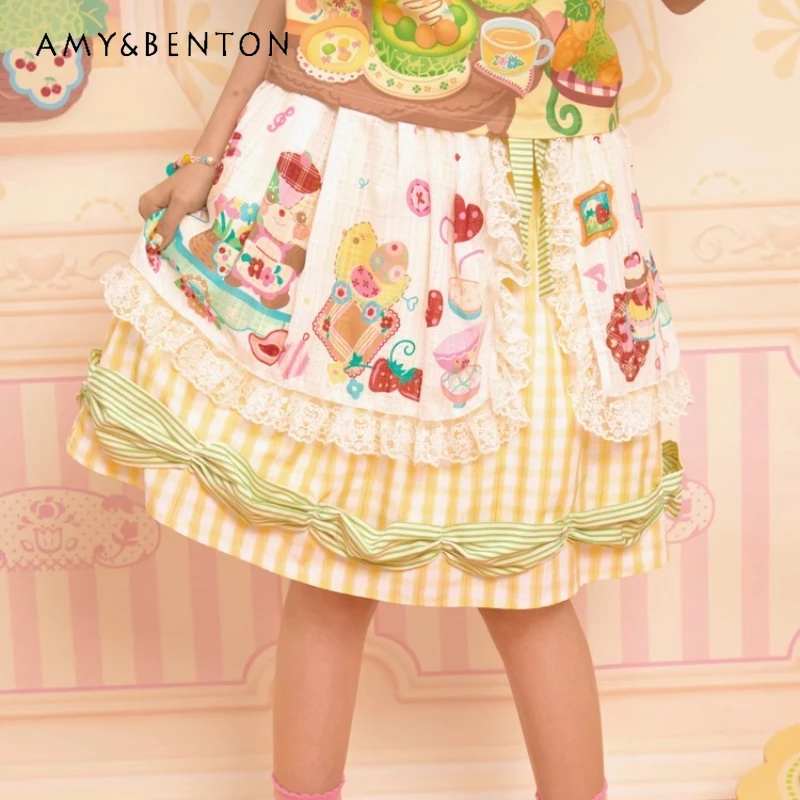 

Autumn New Multi-color SplicingCute Bow Women's Skirt Original Design Animal Print Apron Lace Plaid Vintage Short Skirts Ladies