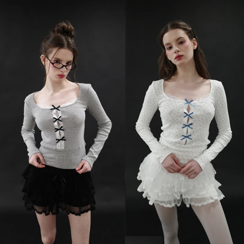 

Pure Desire Girl Knot Lace Splice Hollow Color Blo Long Sve Slim Fit T-irt Sweet Versatile Top