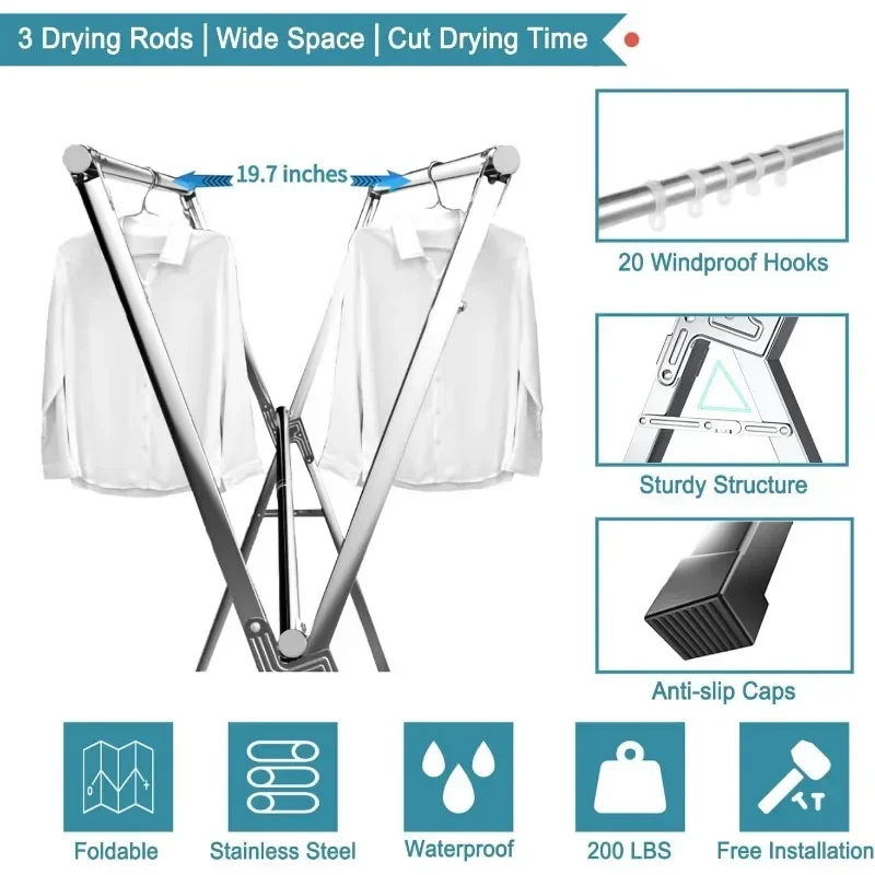 95 Inches Clothes Drying Rack Clothing Folding Indoor Outdoor, Heavy Duty Stainless Steel Laundry Drying Rack, Folda