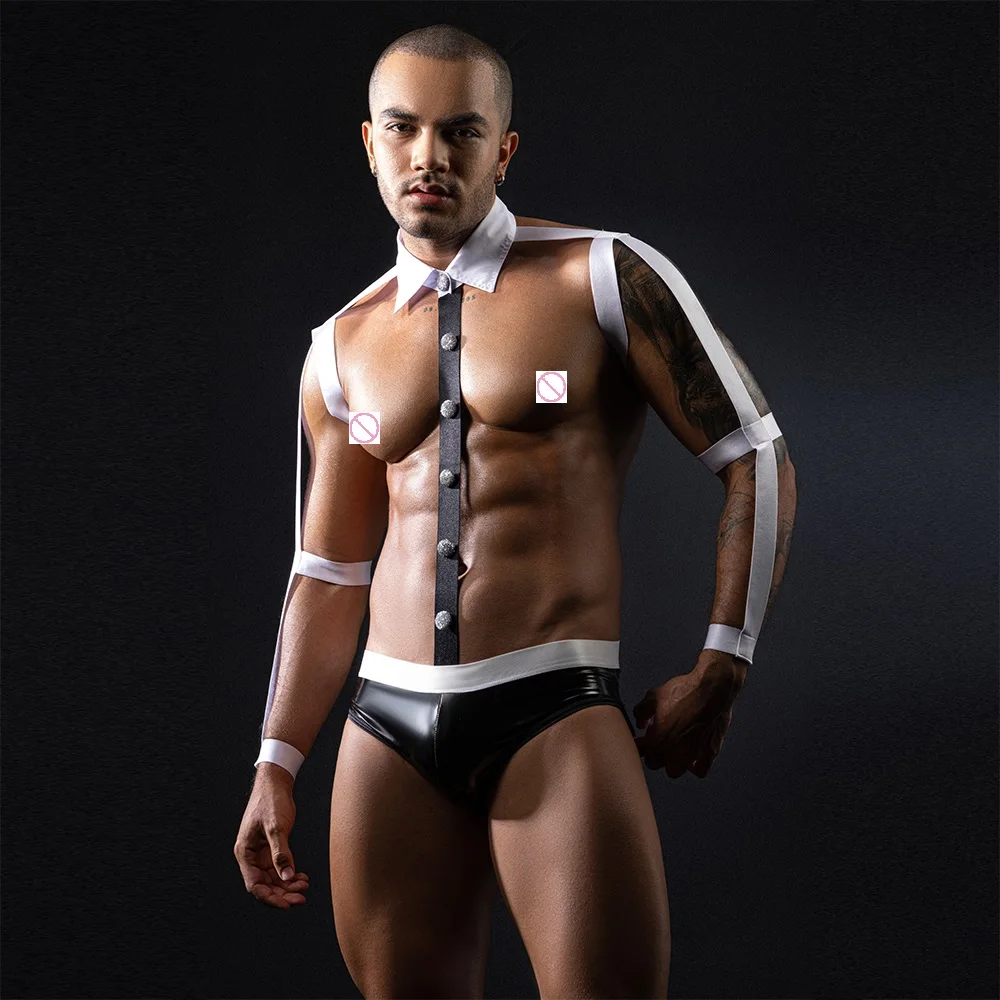 2025 Wholesale Men's Sexy See-through Lingerie Underwear Male Hormone PU Cosplay Police Uniform Night Club Party Outfit