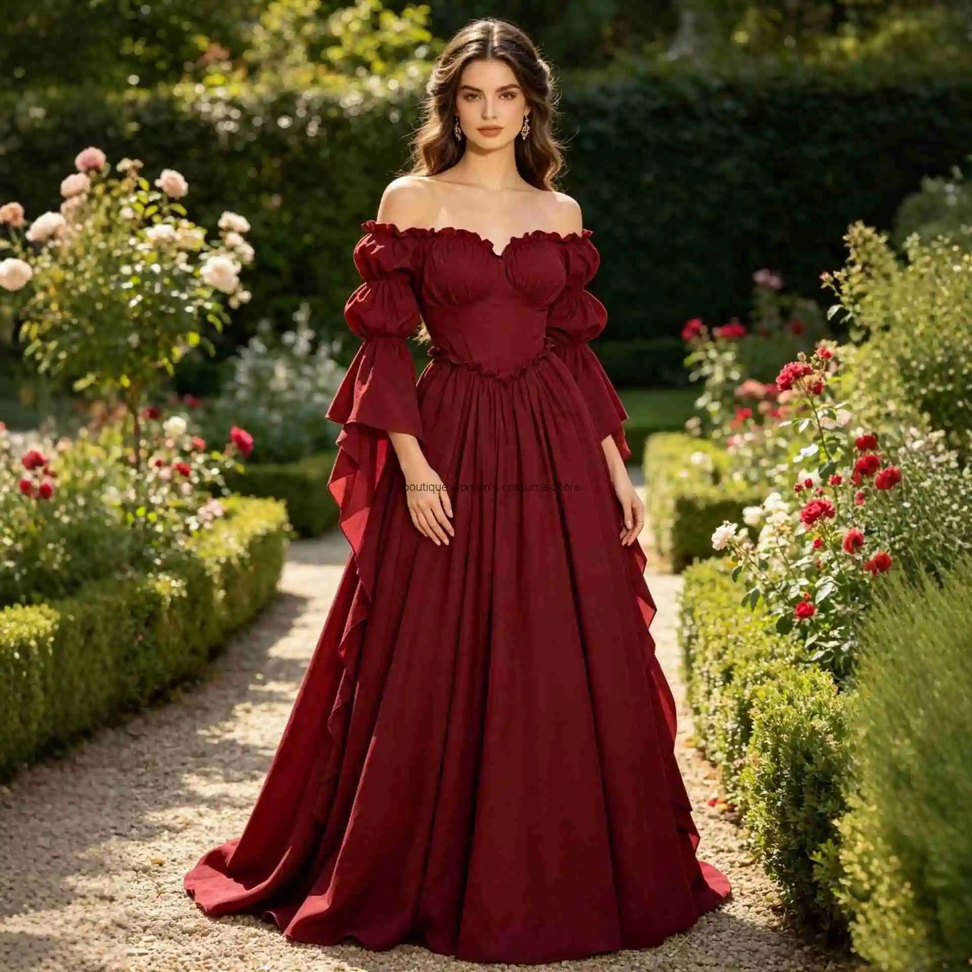 New Medieval Renaissance Gown For Women Vintage Off Shoulder Puff Sleeve Long Dress European Court Stage Performance Costume