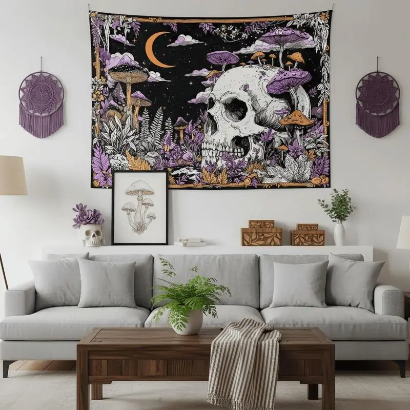 VIKAMA Purple Mushroom Tapestry Skull Crescent Moon Ferns Gothic Mystical Wall Hanging for Bedroom Dorm Room Wall Art Decor