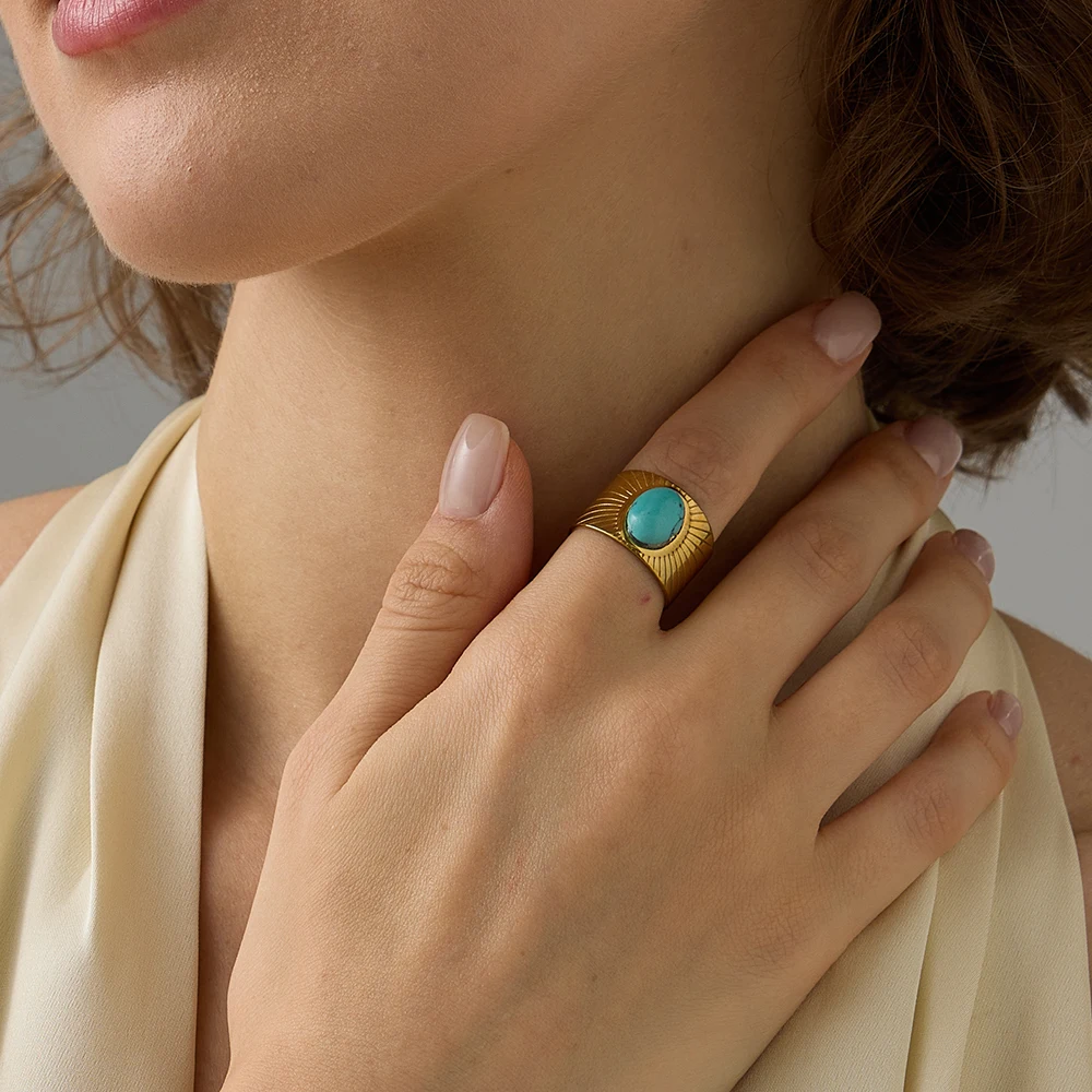 Elegant Wide Face Set Natural Turquoise Stainless Steel Ring Fashionable Vintage Design Indigo Style Geometric Shaped Jewelry