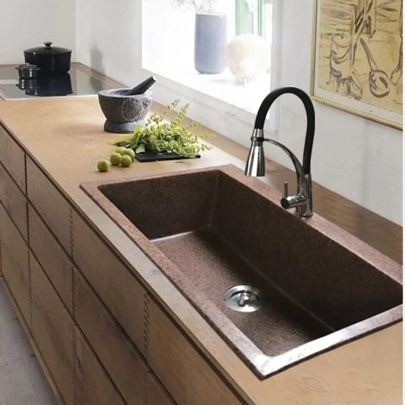 Brown crystal surface quartz stone large single tank kitchen dishwasher handmade high-content granite sink