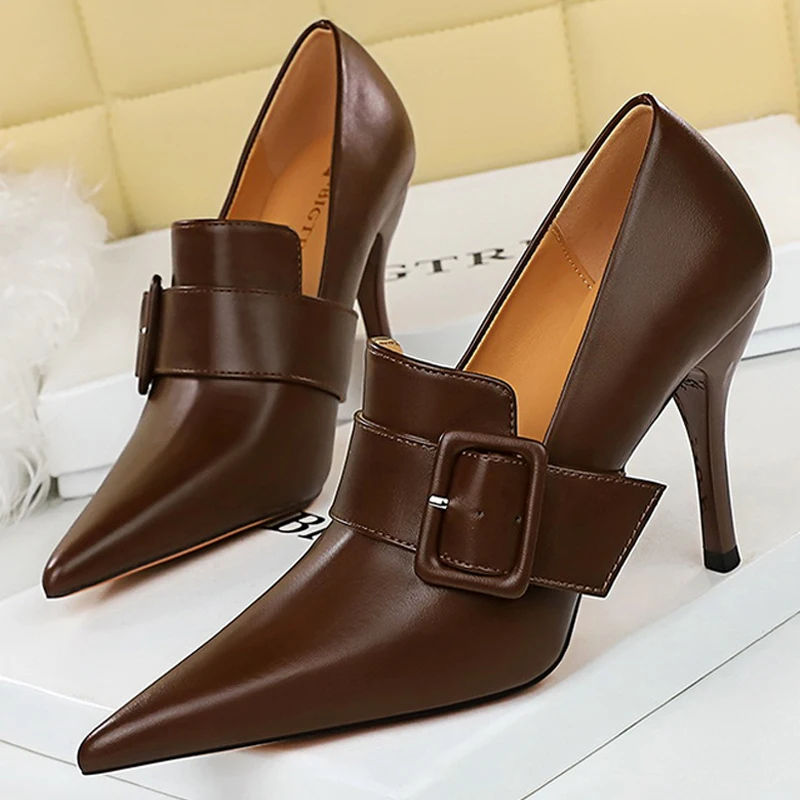 2024 New Pointed Shoes Women Pumps Belt Buckle Decoration High Heels Pu Leather Shoes Female Stilettos Heels Office Career Pumps