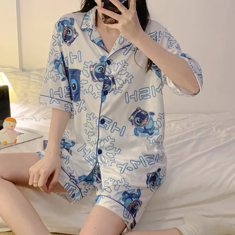 Pajamas Women\'s Summer New Cute Cartoon Stitch Short-sleeved Shorts Lapel Cardigan Thin Pajamas Home Service Suit