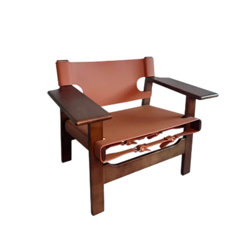 Nordic simple solid wood retro sofa chair single saddle leather modern simple casual back chair