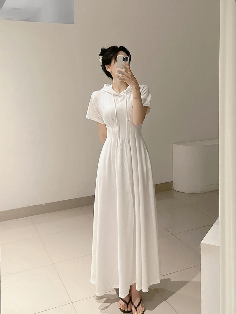 

Summer 2024 New High Waist A-Line Dress Korean Style Long Hoodie Dress Women's Unique Design Commute Short Sleeve Pure Color