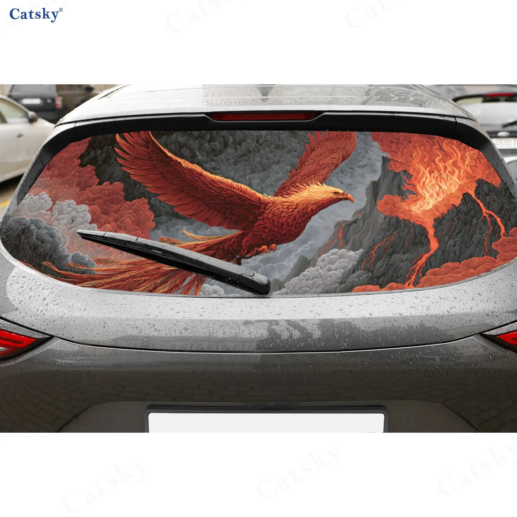 

Mythical Phoenix Flame Thrill PVC Perforated Car Vinyl Wraps, Durable Car Rear Windshield Sticker, Waterproof Car Rear Window De